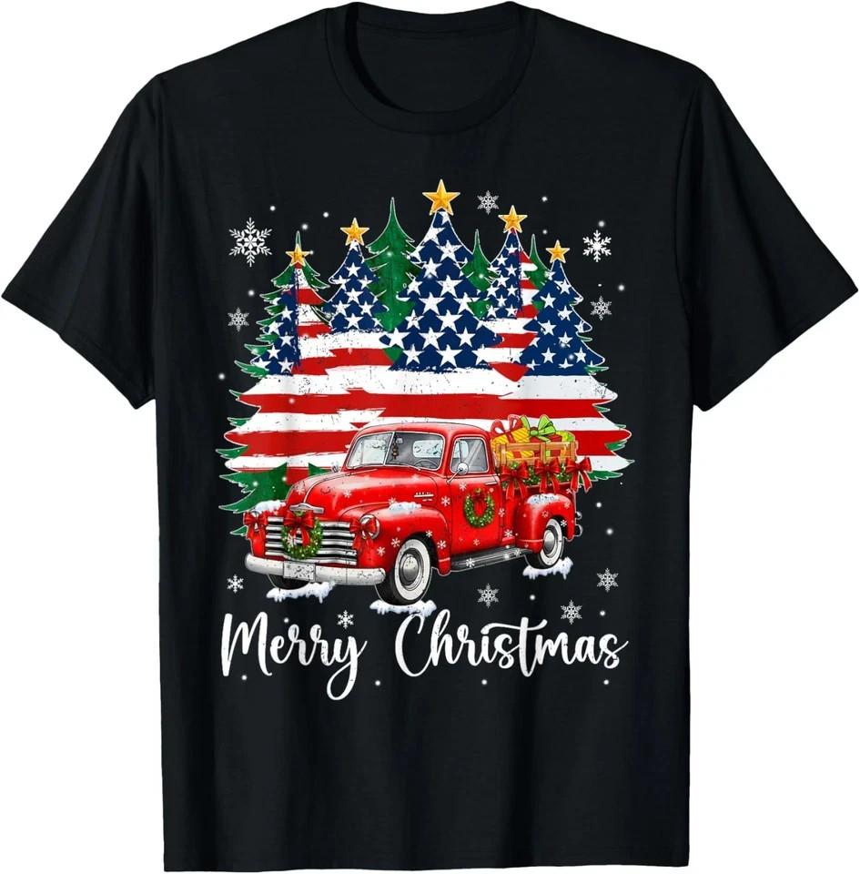 Merry Christmas Vintage Red Truck Us Flag Tree T-Shirt XXXL