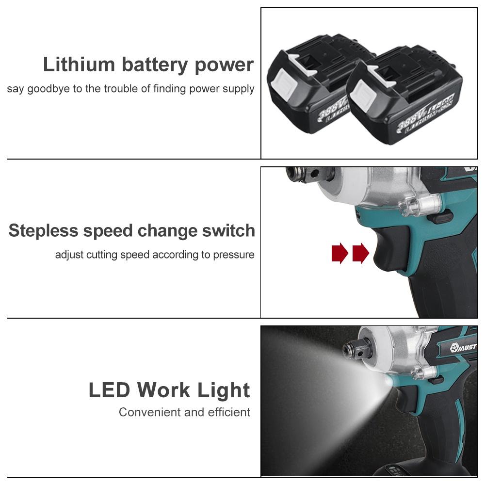 800N.m 388VF 4 Gear Brushless Cordless Electric Impact Wrench Screwdriver 1/2 inch Wrench for Battery