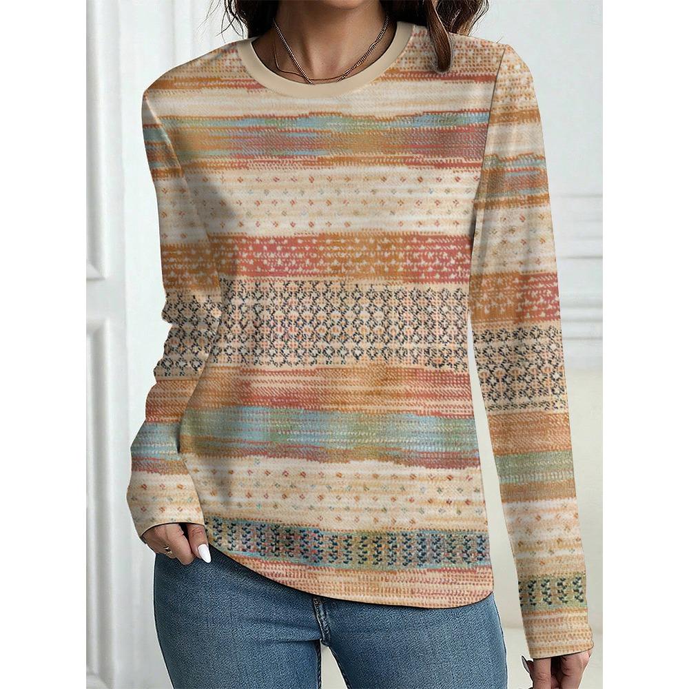Women's T-Shirt Casual Long Sleeve Stripe Pattern Print Crew Neck Female Oversized Clothing Outdoor Vintage T Shirts