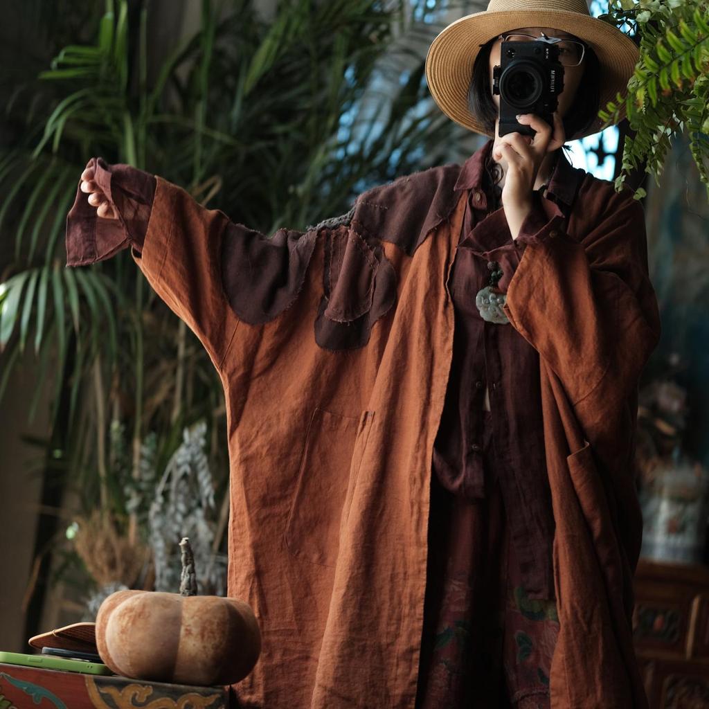 Vintage lněný župan s výšivkou sněhových vloček