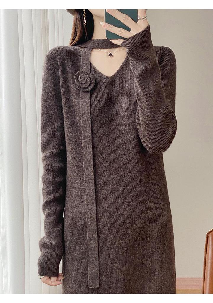 2025 A/W Women's Over-the-Knee Knit Dress with Long Sleeve Coat Layer