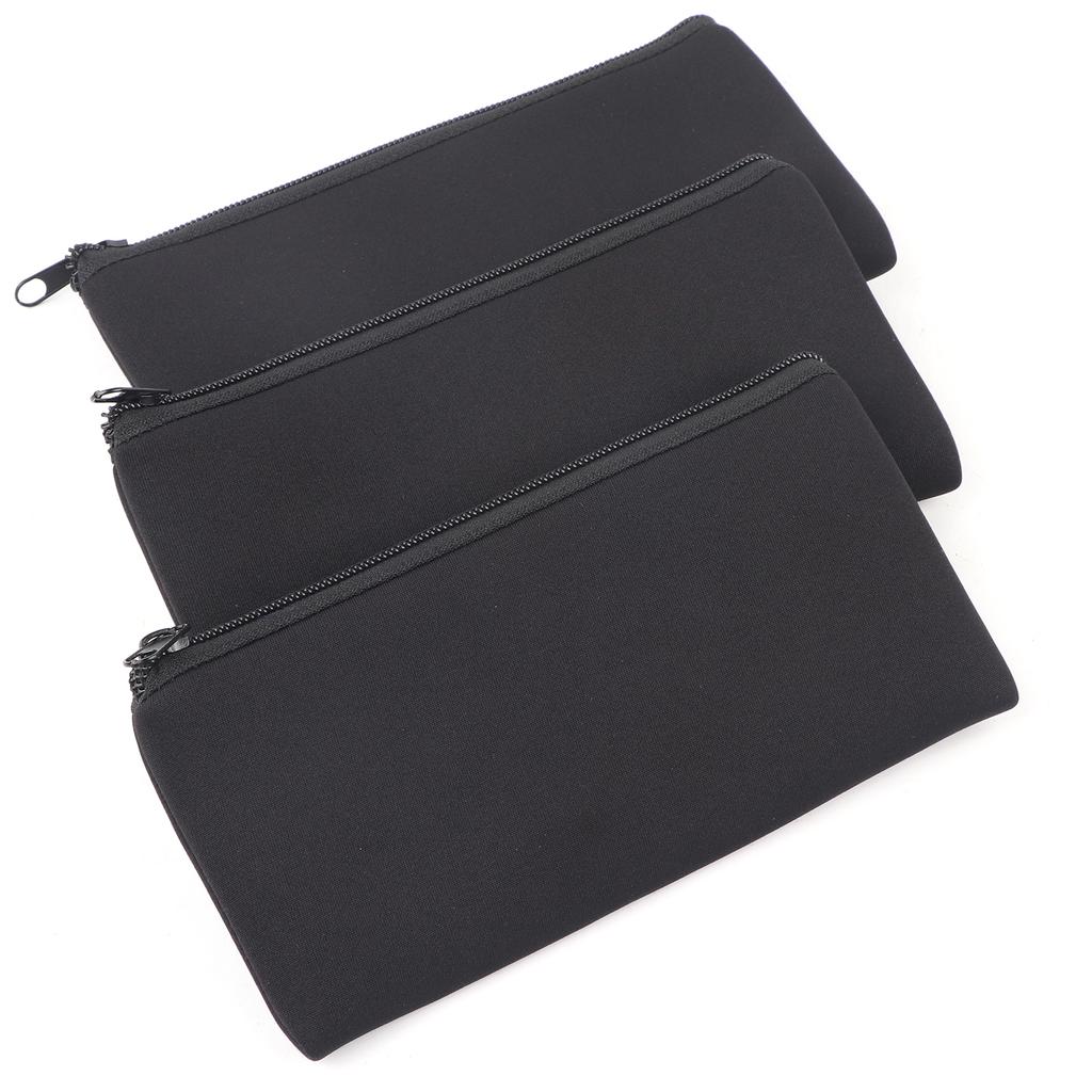 3Pcs Front Zipper Pencil Cases MultiFunction Bag Large Capacity Neoprene Portable Stationery Storage(Black )