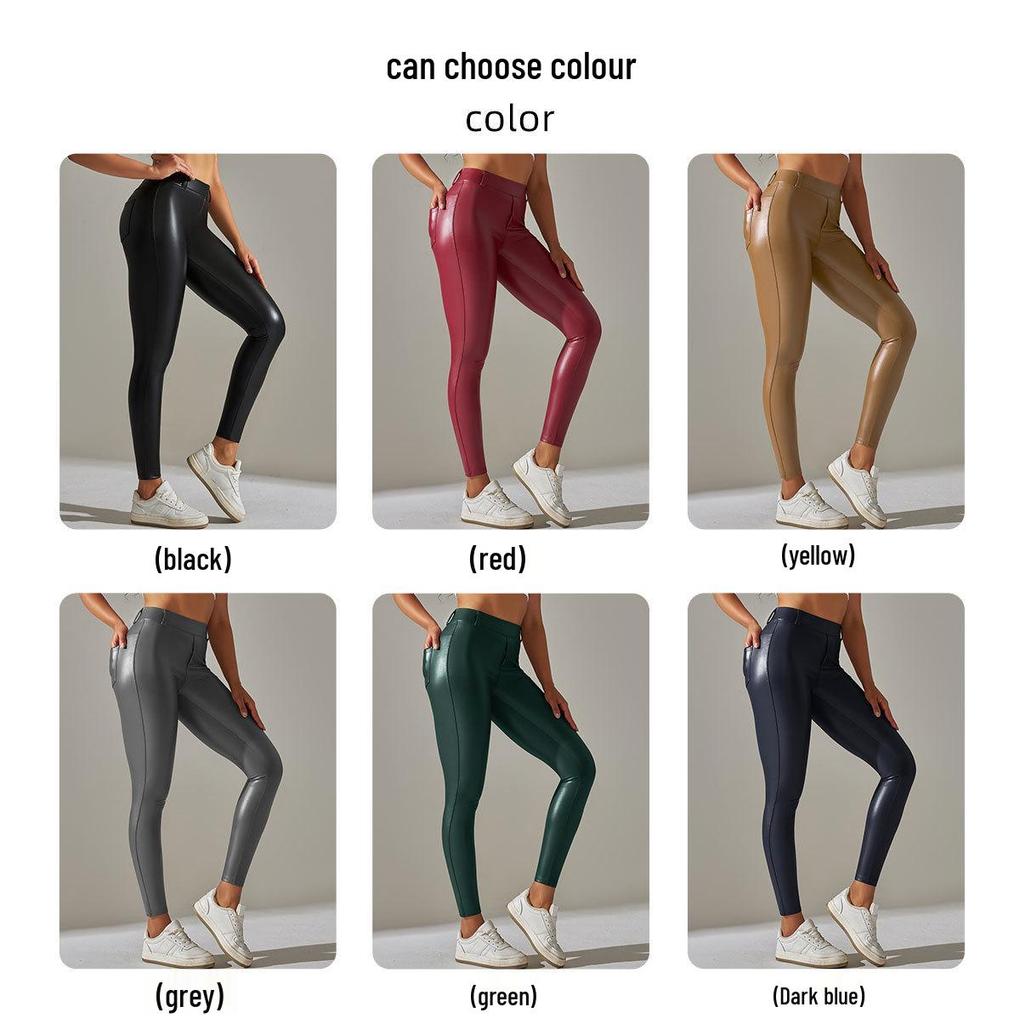 European and American High Waist PU Leather Yoga Pants - Abdomen Control, Body Shaping, Hip Lifting, Nine-Point Length