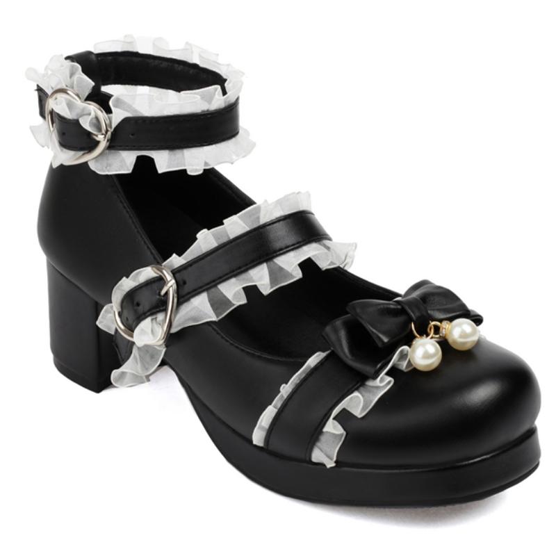 Slingback Högklackade Damskor Lolitas Mary Janes Skor Vår Ankelrem Svart Vit Klackade Bröllopsfestskor Flickor Stor Storlek