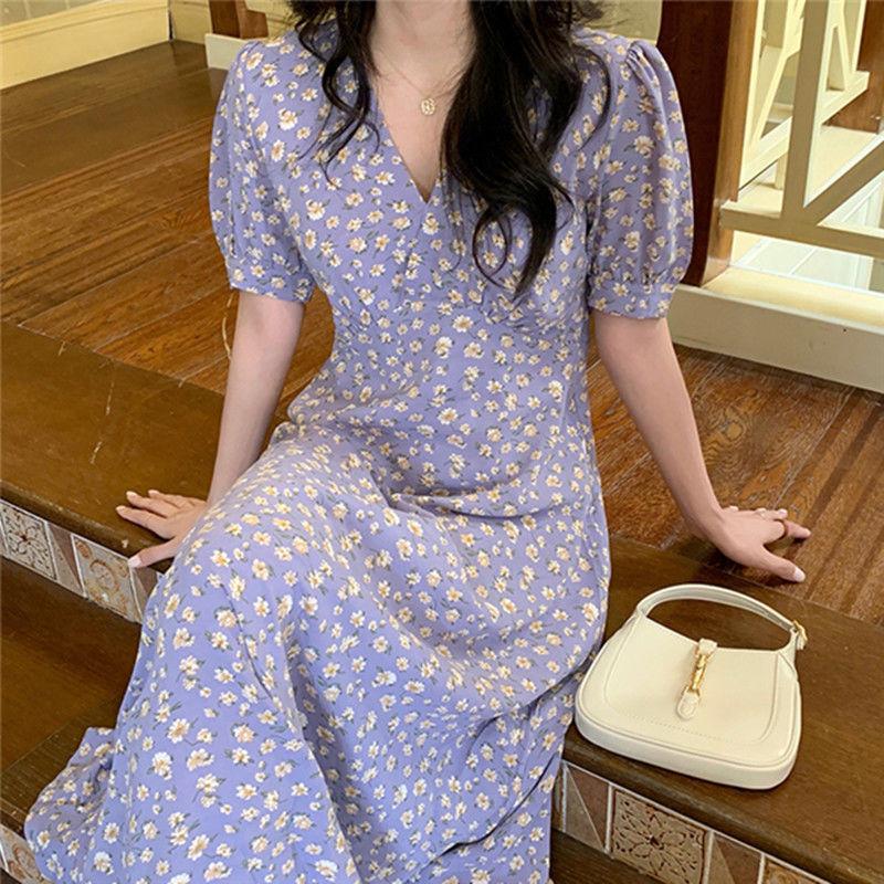 Vintage Floral Women's Dress French Bubble Sleeve Niche Design V-neck Hepburn Style Long Skirt Printed Splicing A-line Dresses