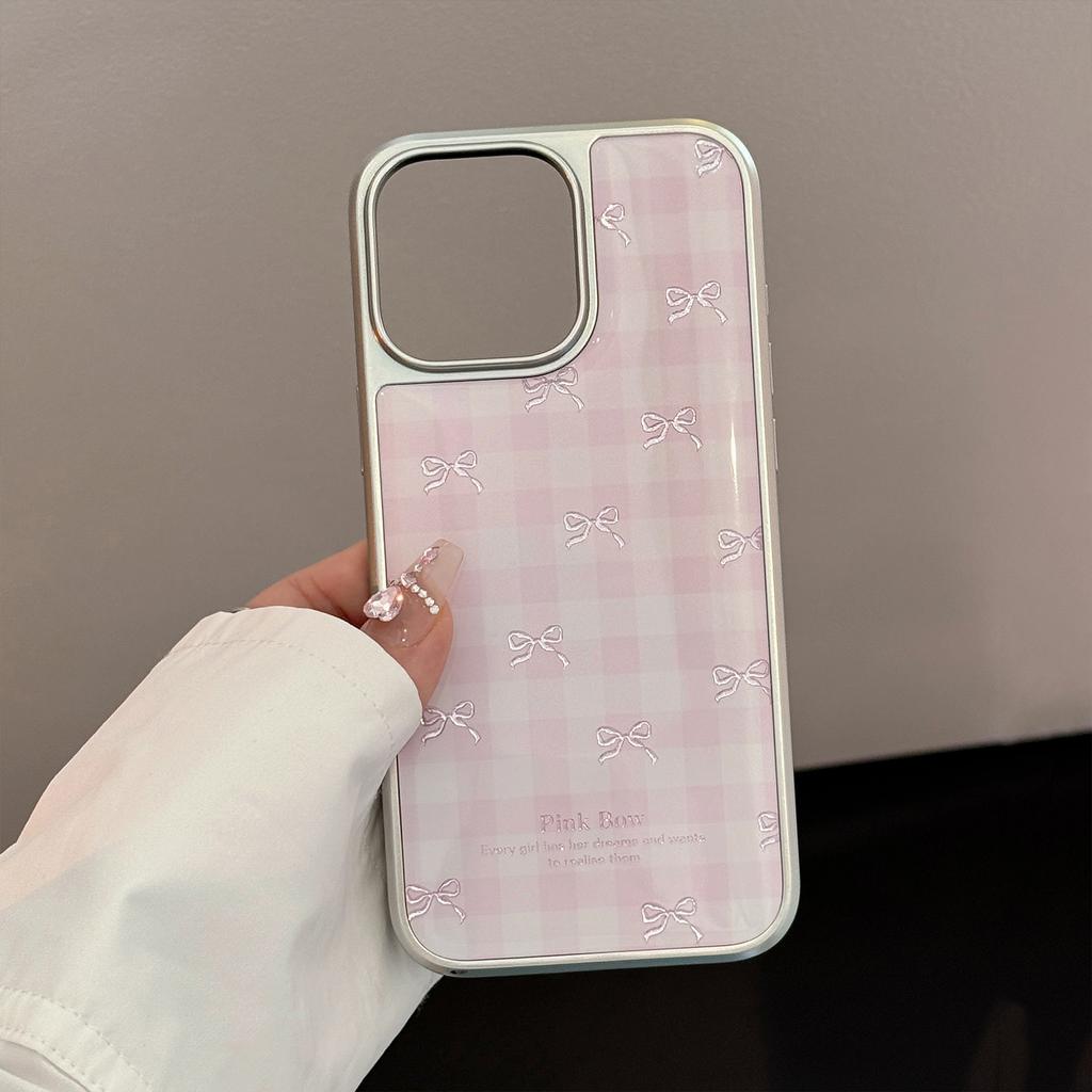 Gilt Gold Is Suitable for Apple 17promax Mobile Phone Case Iphone16 Pink Plaid Bow 13 Electroplated High-quality Mobile Phone Case