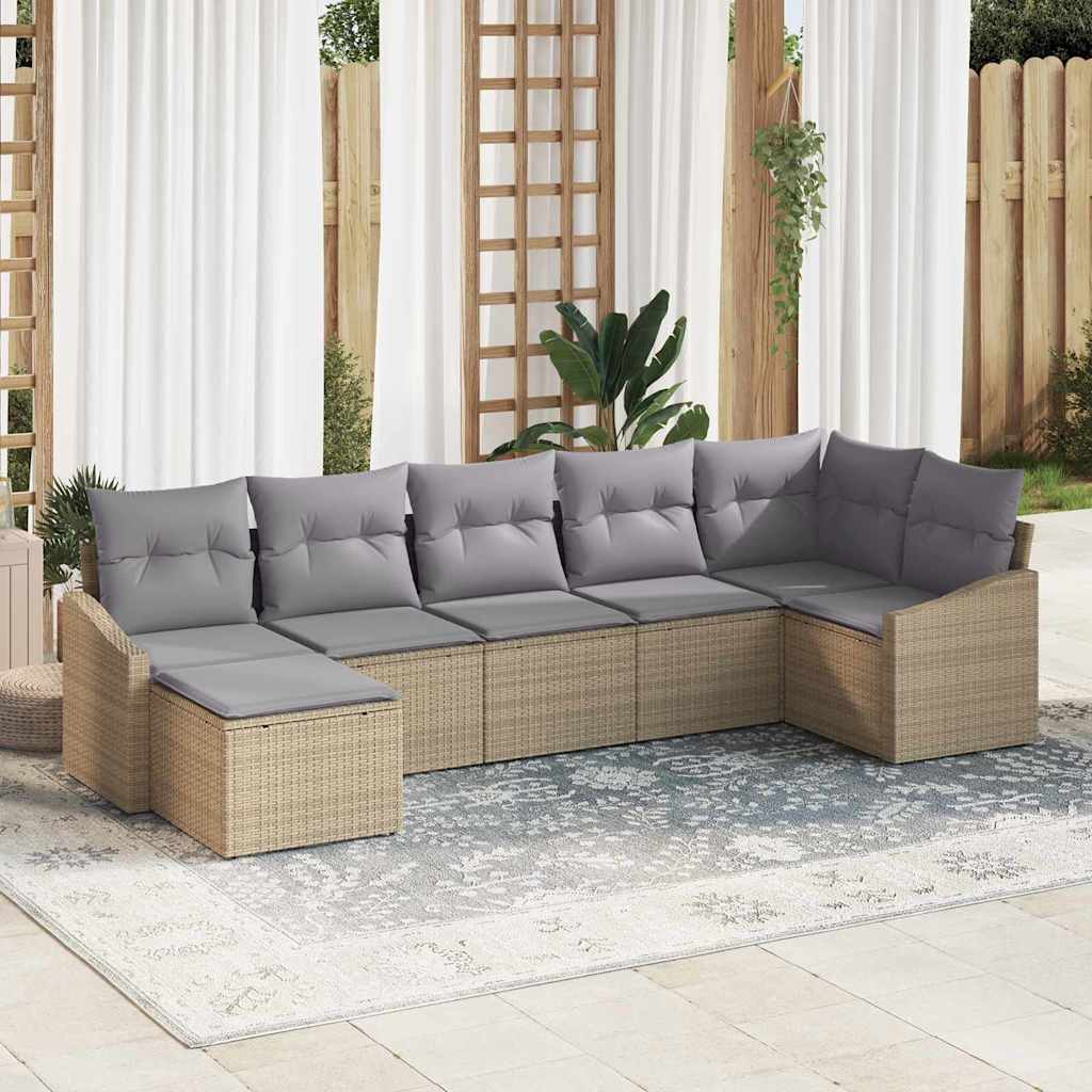 7 Piece Beige Poly Rattan Sofa Set with Cushions