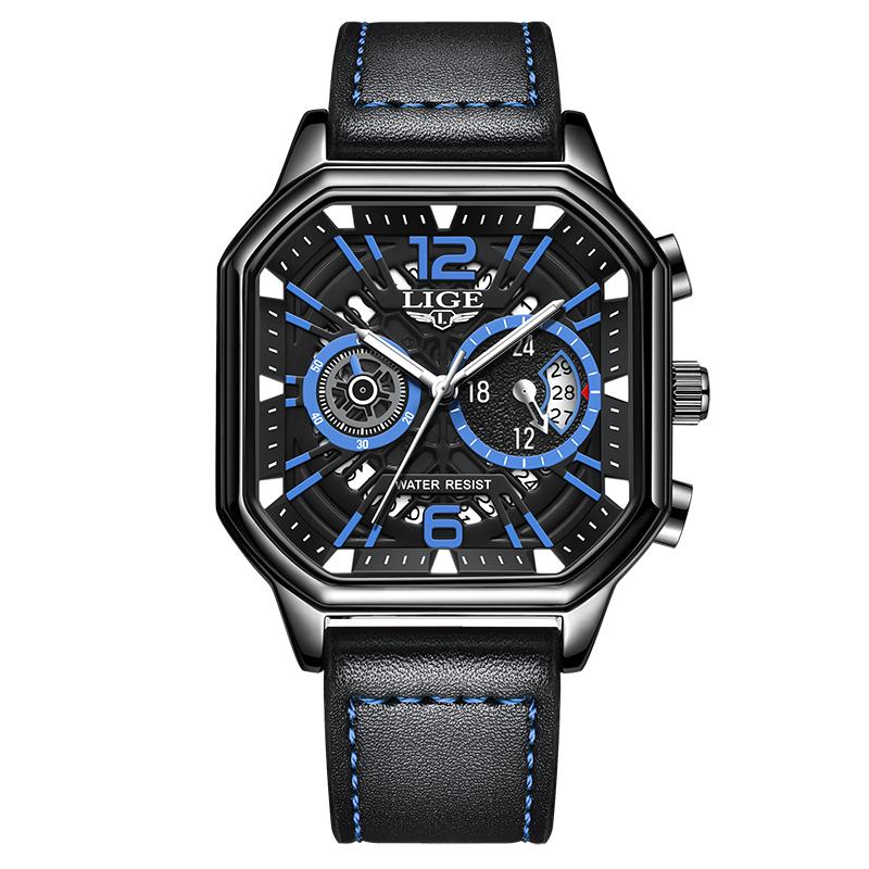 

LIGE Мужские часы Модные повседневные квадратные кожаные мужские водонепроницаемые часы чёрный/синий