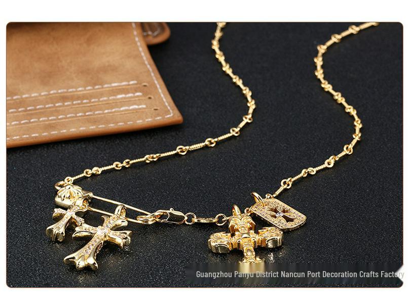 High-End Rhinestone Double Cross Pendant Necklace with CH Chrome Hearts Design