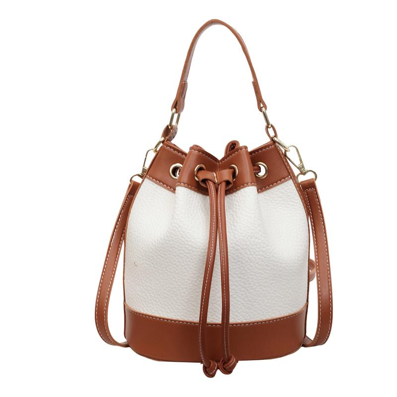 2026 New Arrival Two Tone Bucket Bag for Women Drawstring Closure Top Handle Crossbody Bag with Detachable Strap Trendy Fashion