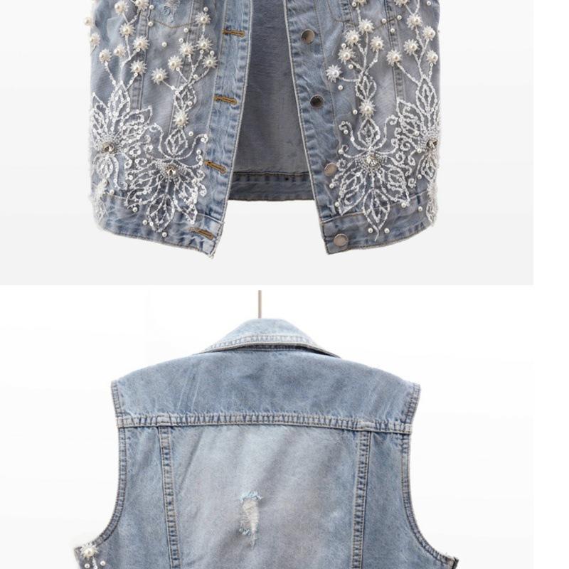 2025 Spring/Summer Women's Distressed Denim Vest with Heavy Beaded Floral Design