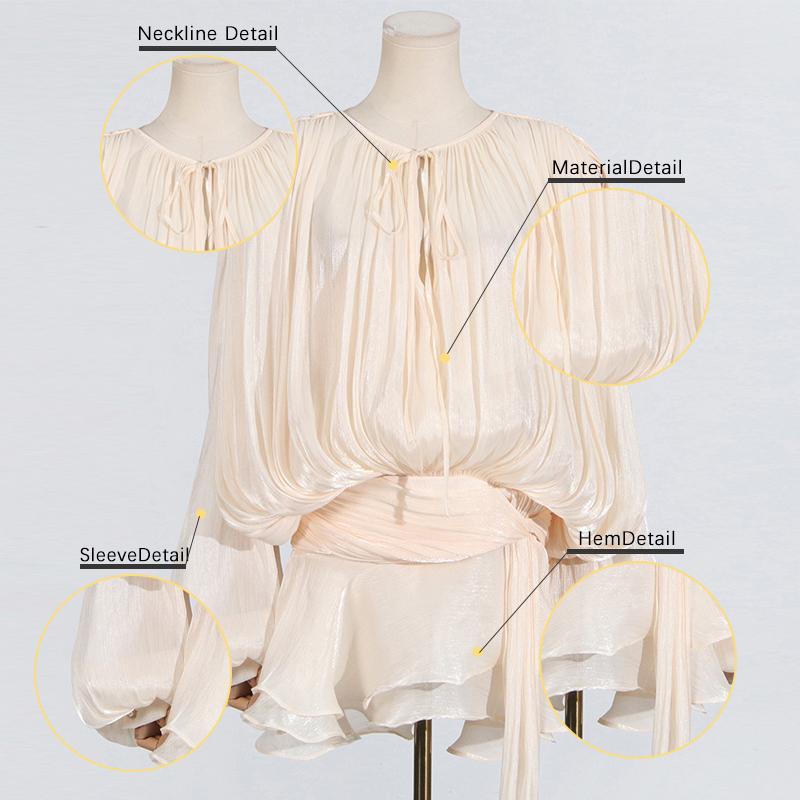 Elegant Lace Up Women's Dress Lantern Sleeve V Neck Loose Mini Female Dresses Solid Color Shining Lady Dress