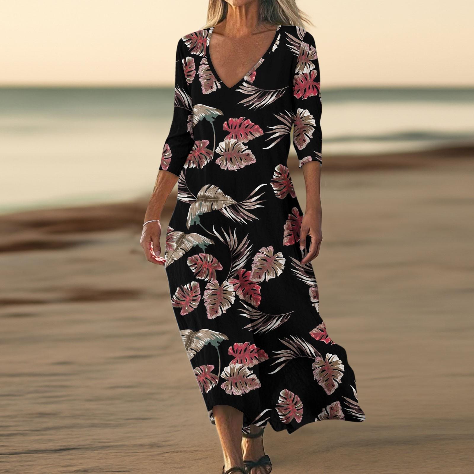 

Платья для женщин Винтажный принт Туника с завышенной талией Миди-платье Летнее повседневное Платье с рукавом 3/4 XXL чёрный