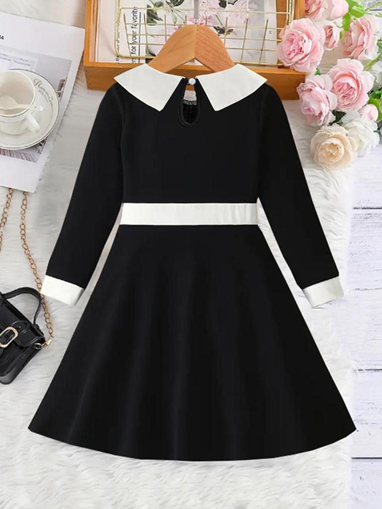 Girls' Black and White Long-Sleeve Knit Dress with Peter Pan Collar and Faux Pockets