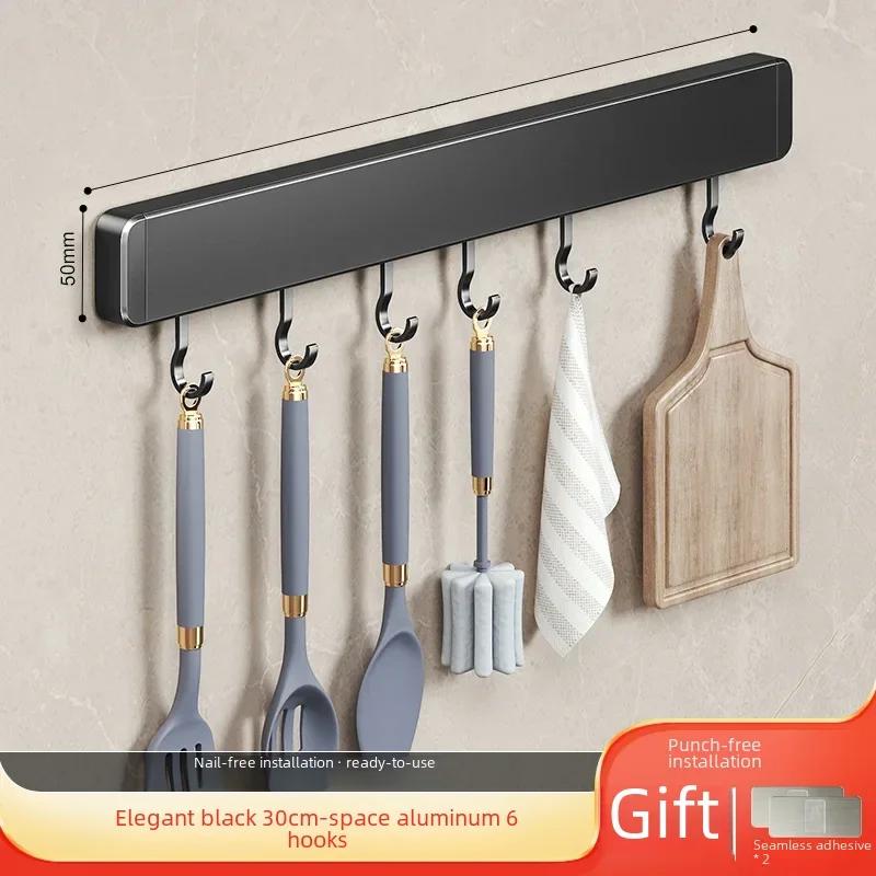 Kitchen Utensil Storage Organizer Non-perforated Wall Rack Movable Hook Spoon Holder Household Kitchen Mounted Arrangement Shelf
