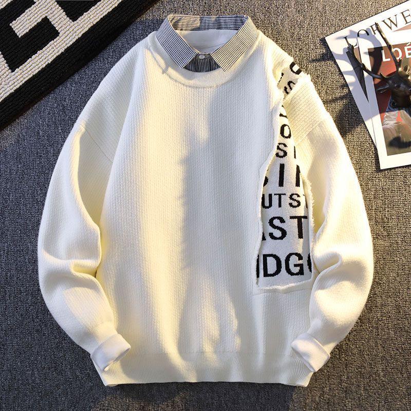 

Обновленный вязаный свитер пэчворк с лацканами: Трендовая, Универсальная, Молодежная Мода для Осени и Зимы. 4XL белый