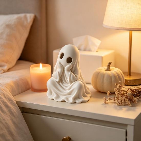 White Black Ghost Figures 3D Printed Halloween Figurine, Cute Chin-Resting Spooky Desk Decor, Decorative Accents Funny Ornament for Home Party