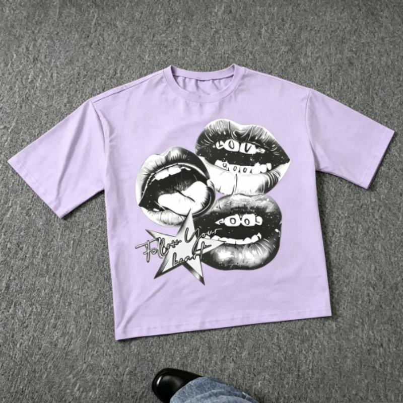 Harajuku Fun Letter Mouth Print Women s T-Shirts Summer Fashion Street Outdoor Casual T-shirt Tops for Men s and Women s Tees Top XXS