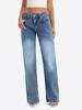 Womens Mid Rise Wide Leg Jeans Faded Wash Full Length Loose Casual Denim Pants