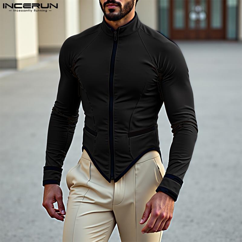 INCERUN Men Stand Neck Zip-Up Long Sleeve Irregular Stitching T-shirts Tops