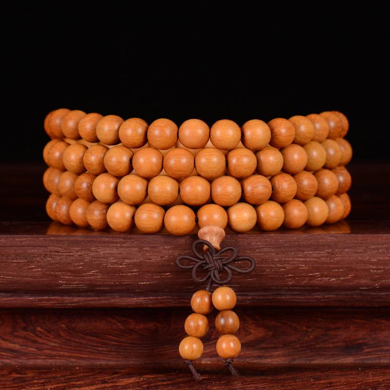 Golden Sandalwood Buddhist Prayer Beads Bracelet - 108 Beads, Wooden Wenwan Ornaments for Men, Women, Couples