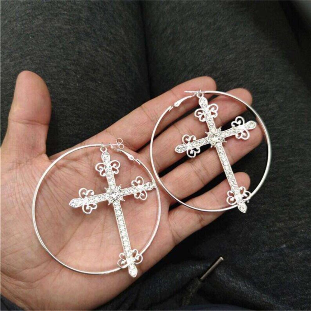 Orecchini a Cerchio Punk Y2k Geometrici Cerchio Brillante Strass Croce per Donne Gioiello Accessorio Personalità Esagerata