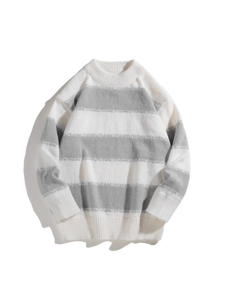 2025 Men's Japanese Casual Striped Knit Pullover - Autumn/Winter Loose Fit, Long Sleeve, Round Neck.