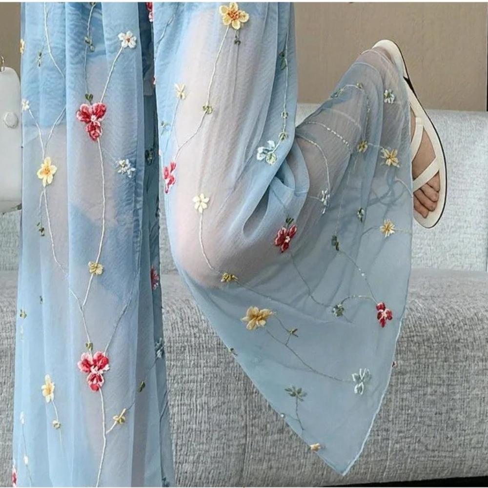 Summer New Loose High-End Flower Embroidered Wide Leg Pants Thin Breathable Tie Dye Casual Pants for Women Vacation Leisure