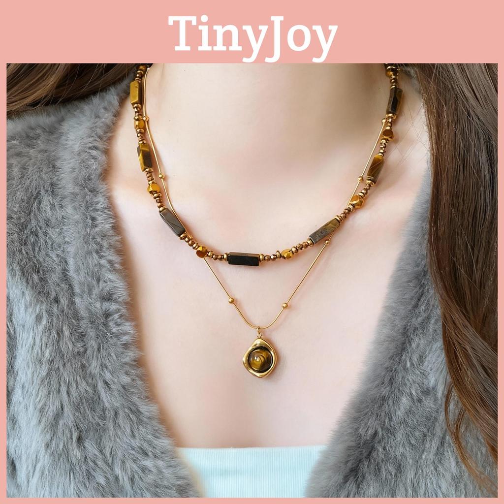 Tiger Eye Beaded Necklace With Geometric Shape Steel Pendant For Elegant Casual Attire