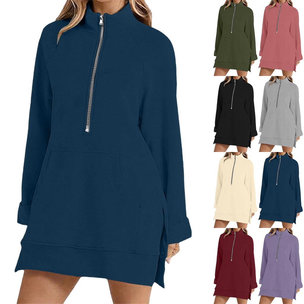 Womens Oversized Mid-length Sweatshirts Zipper Long Sleeve Pullover Outfits With Pocket