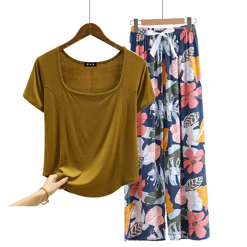 Fashion U Nek Tshirt and Floral Wide leg pants Summer fashion homewear 2pcs suit Loose Casual pajamas set comfort loungewear plus size