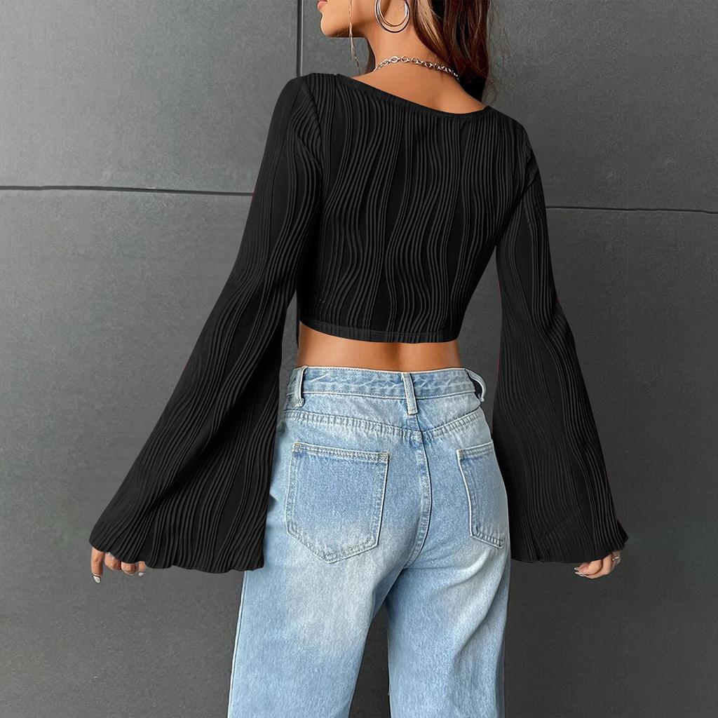 Women's U Neck Solid Color Crop Slimming Fashion Flared Long Sleeve Top Sexy Short T-shirt Top