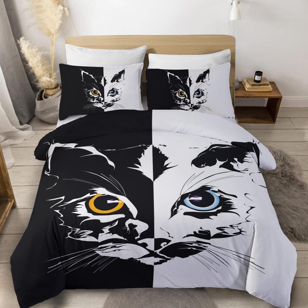 Witch Black Cat Duvet Cover Set Full,Cat Sitting On Moon Bedding Set Vintage Gothic Animals Cat Comforter Cover 2/3pcs Bed Sets
