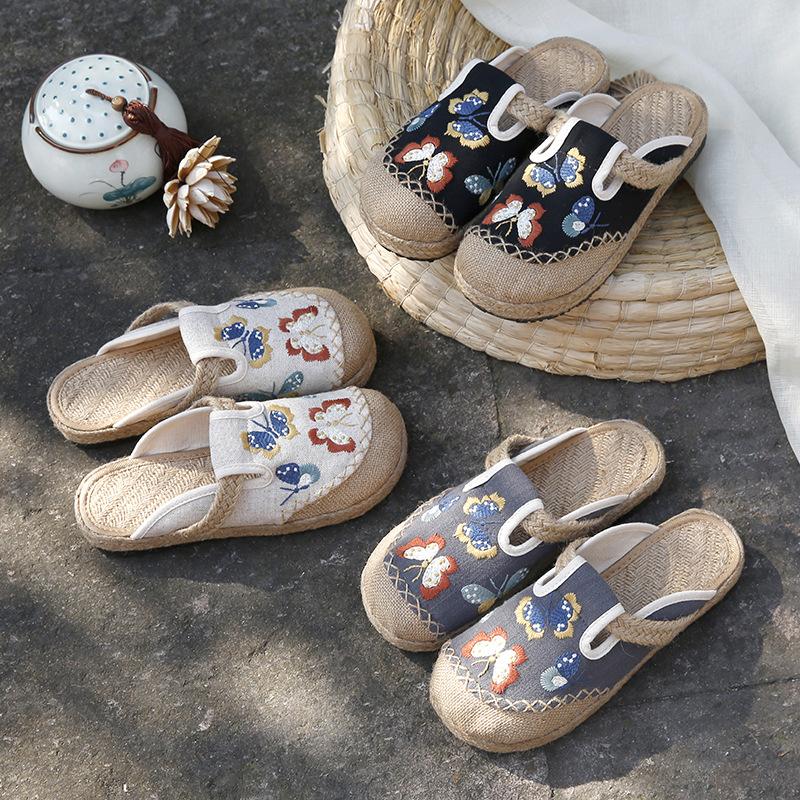 Fashion 2025 Women Casual Linen Handmade Embroidery Mules Flat Slippers Retro Vegan Summer Ladies Canvas Comfortable Espadrille Shoes