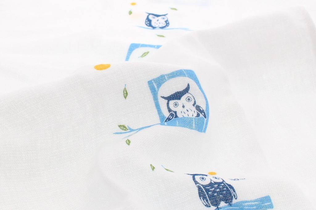 Kontex Imabari Hagoromo Gauze Face Towel with Moonlit Owl 33 x 95cm Design, Blue, Approx.