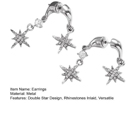 1 Paire Boucles d'Oreilles Femme Double Étoile à Huit Branches Pendentif Strass Incrusté Boucle d'Oreille à Tige Design Boucles d'Oreilles Pendantes Bijoux Cadeau