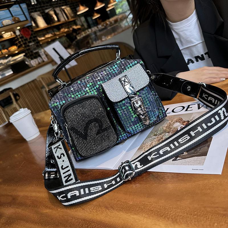 Модная сумка с блестками, модная элитная сумка через плечо, маленькая кожаная сумка, универсальная женская сумка. чёрный