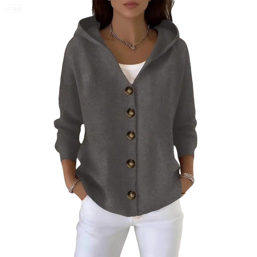 Women's Fashion Solid Color Long Sleeve Button Hooded Casual Commuting Knitted Jacket