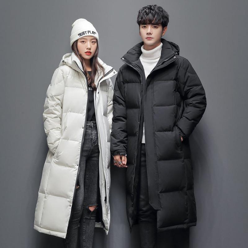 Direct batch of winter men's down jackets couple long thickened warm hooded simple and fashionable green tide jacket