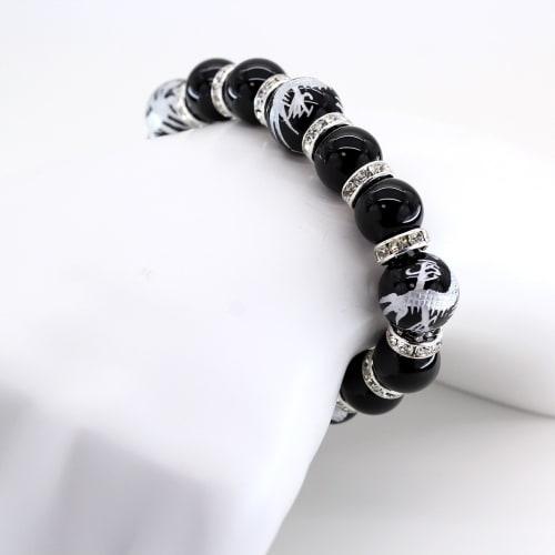 Ishiki 4A Prayer Beads, Silver Carved Dragon, 14mm Onyx Bracelet, with Paulownia Wood Box, Charm for Good Fortune, Natural Stone, B011
