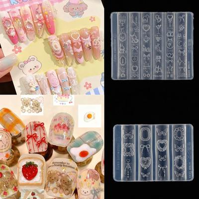 Silicone Nail Art Mold Cartoon Lace Bow Rabbit Cute Candle Moon Flower Strawberry Nail Art Diy 3d Decoration Mold Design Tools