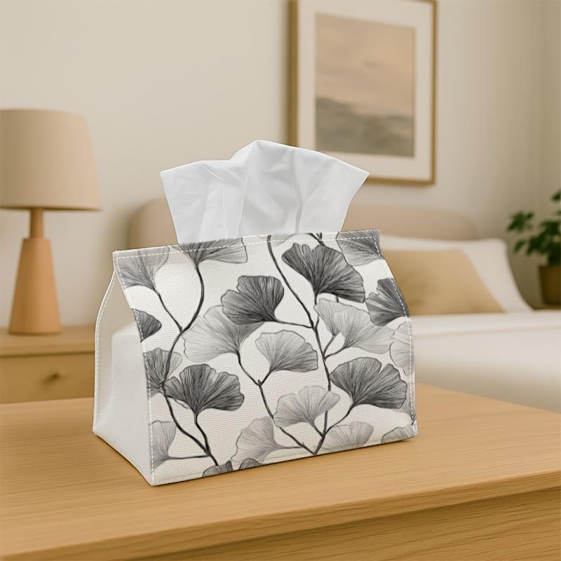 1pc Minimalist Botanical Tissue Box with Ginkgo Leaf - Black & Suitable For, Car, Parties, | Fabric Napkin Holder & Dispenser for Bedroom, Living Room