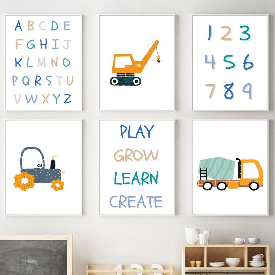 Crane Excavator Tractor Truck Alphabet Number Posters And Prints Canvas Painting Nordic Wall Art Pictures Kids Room Home Decor