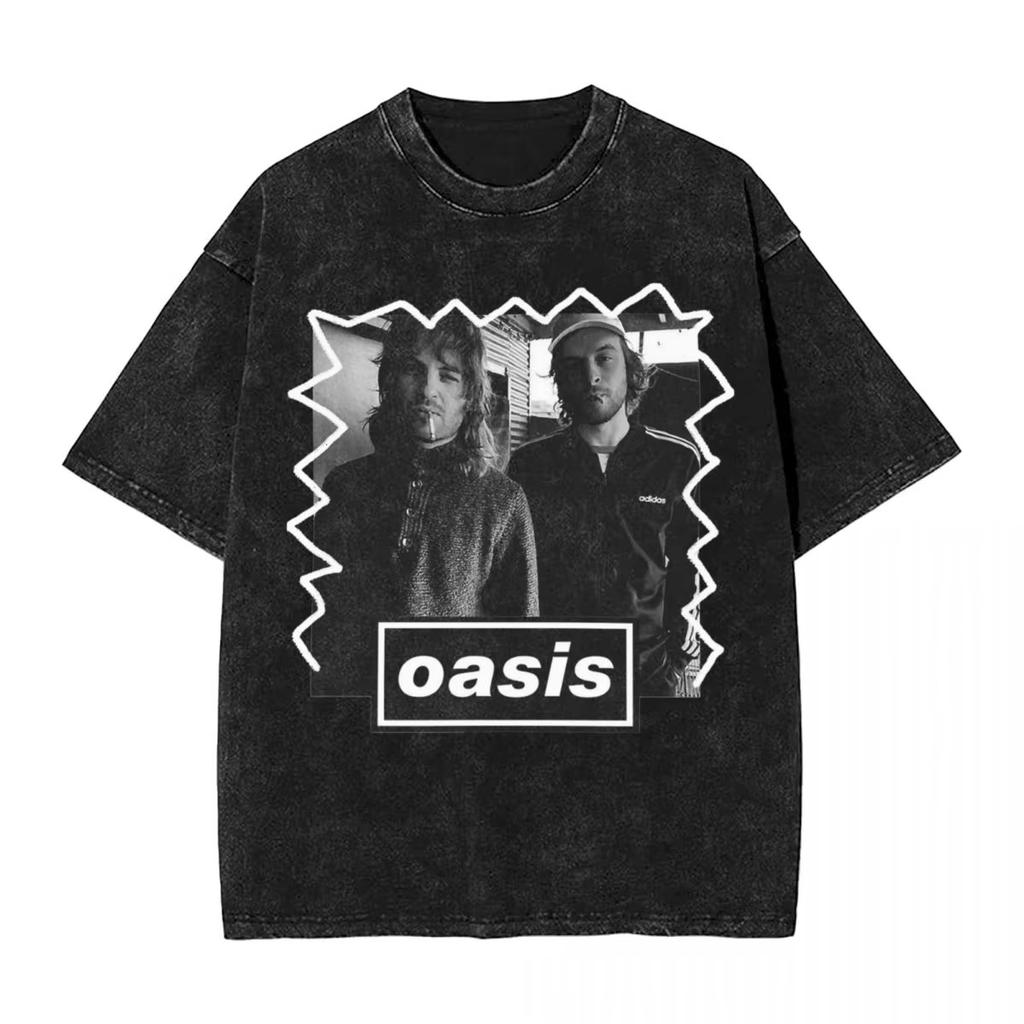 Men OASIS Live Tour Vintage Oversized Washed T-Shirts Summer Cotton Short Sleeve Definitely Maybe Rock Band Albums Streetwear Tees