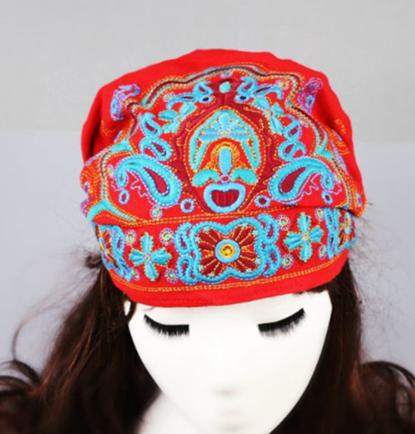 Lady Women Soft Cotton Ethnic Style Turban Hat Head Wrap Scarf Beanie Embroidered Flower Florals Print