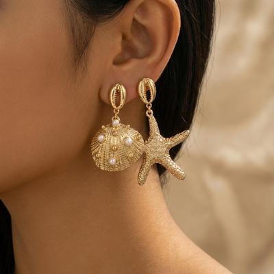 Metal Hollow Shell Starfish Asymmetric Pendant Drop Earrings For Women Men Trendy Conch Sunflower Earring Summer Beach Jewelry