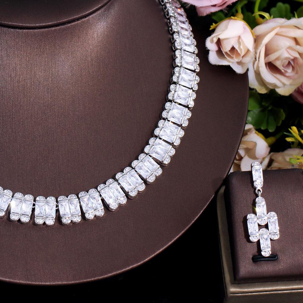 Light Luxury Bride Zircon Set Chain Bright Diamond Necklace Earrings Wedding Dress Accessories Set