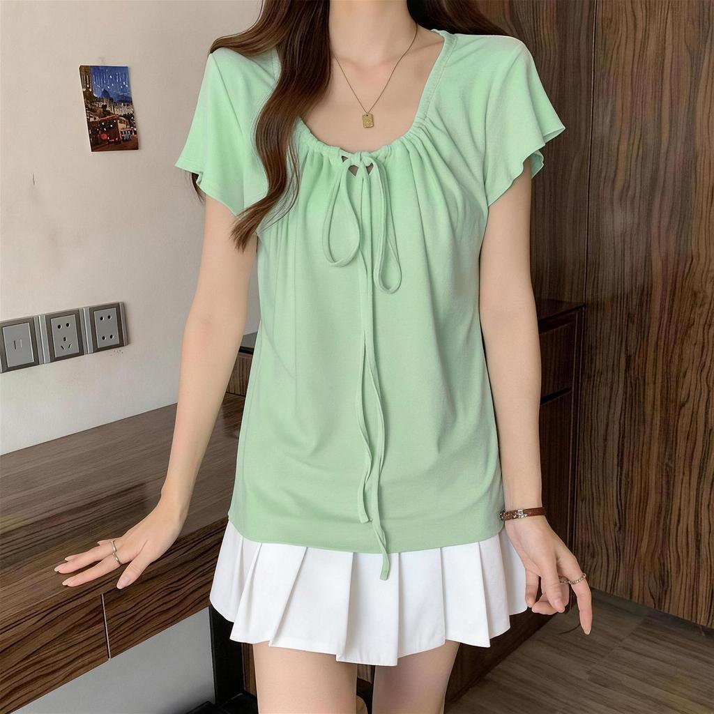 Unique and Chic Front Shoulder Straps, Super Good-looking Short-sleeved T-shirt, Summer White Thin Belly-covering Temperament Top