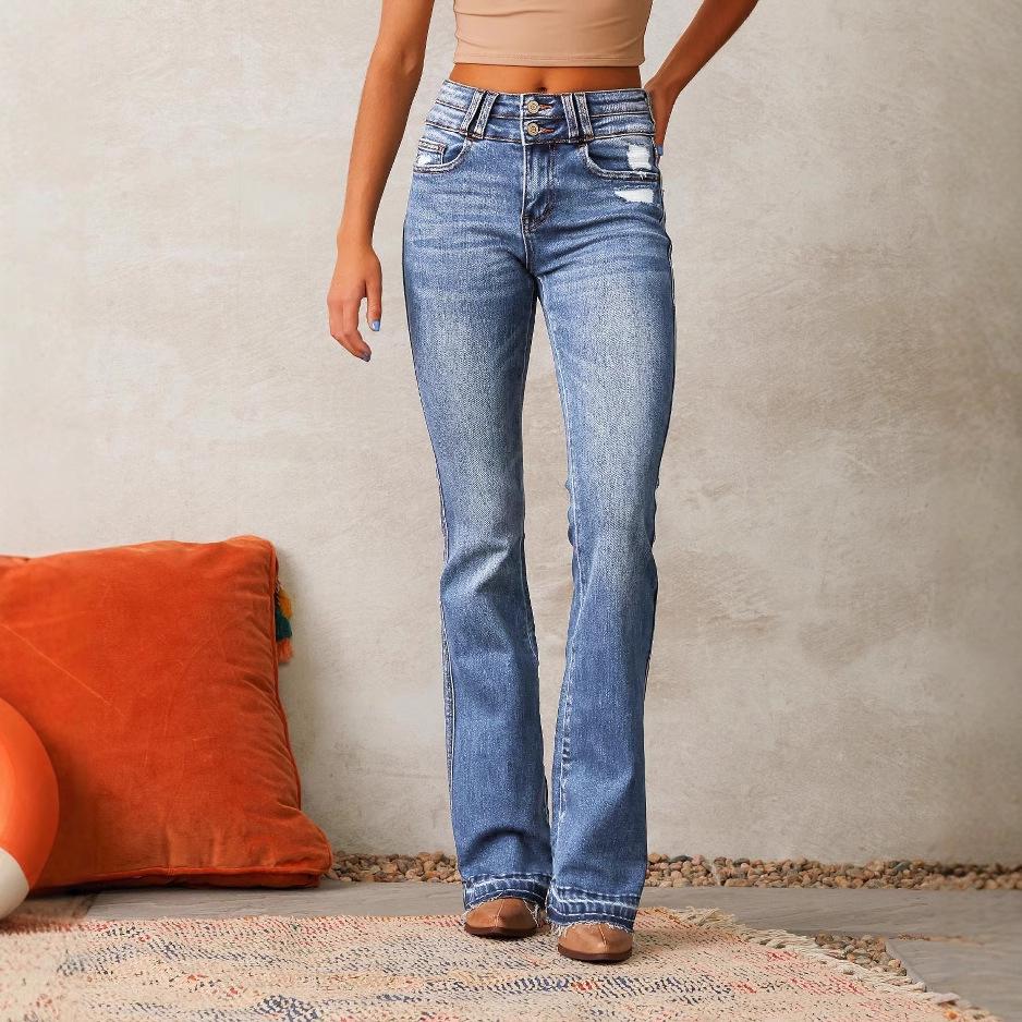 Cross-Border Women's Retro Ripped Jeans, 2025 Spring Micro-Flare Washed Street Style