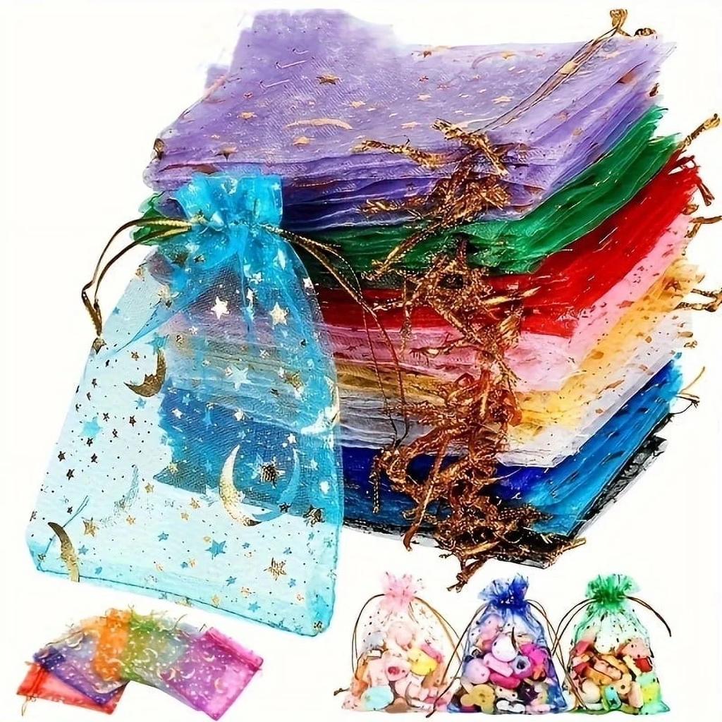 50 BUC Săculeți Organza cu Șnur Lună Stele Săculeți pentru Bijuterii Cadou Săculeți Organza Stele Aurii Săculeți pentru Mărturii de Crăciun Nuntă